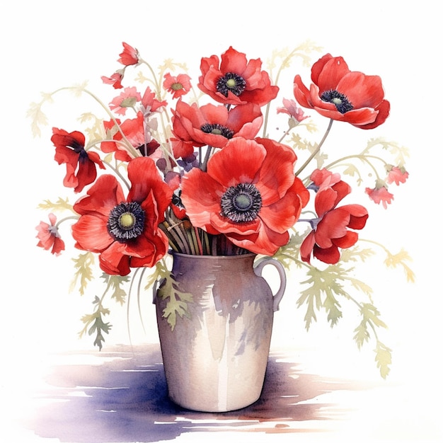 Un dipinto di un vaso di fiori rossi con sopra la parola papavero.