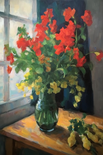 Un dipinto di un vaso di fiori su un tavolo