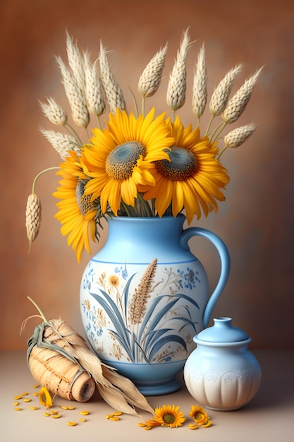 Un dipinto di un vaso di girasoli e una pianta di mais.