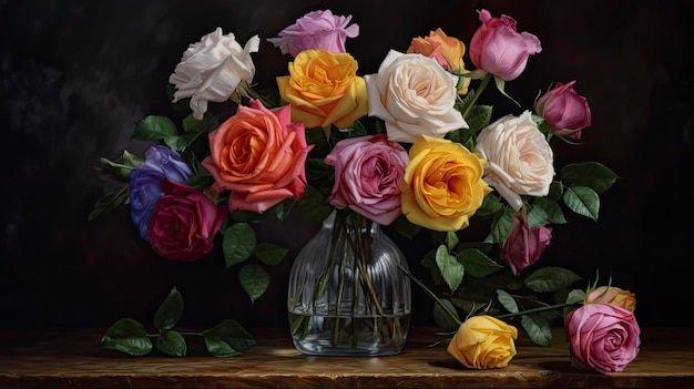 Un dipinto di un vaso di rose su un tavolo