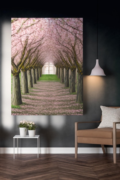 Un dipinto di un viale alberato con fiori rosa su di esso.