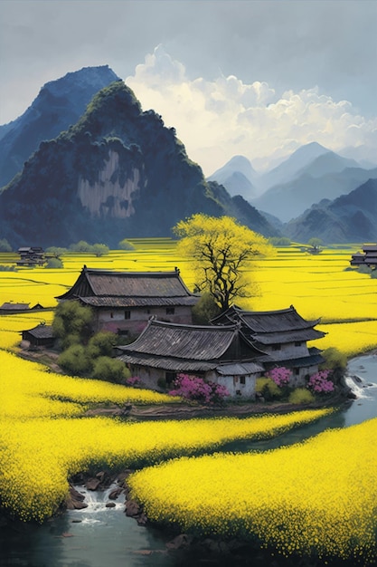 Un dipinto di un villaggio circondato da campi gialli.
