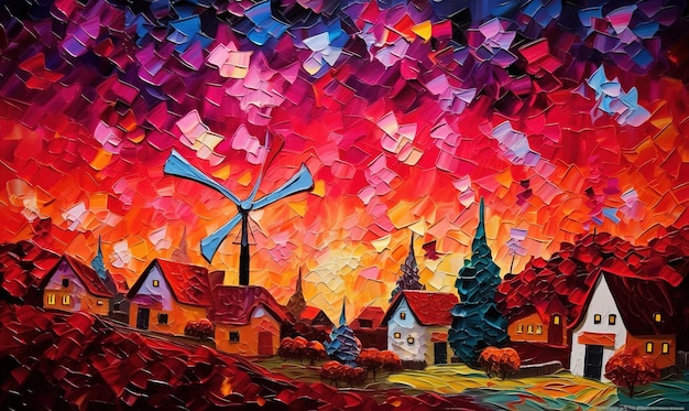 Un dipinto di un villaggio con un mulino a vento in primo piano.