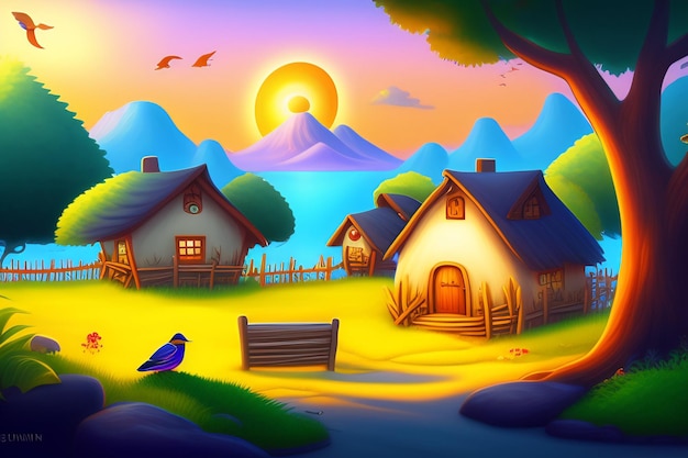 Un dipinto di un villaggio con un uccello blu sul tetto