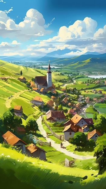 Un dipinto di un villaggio con una chiesa al centro