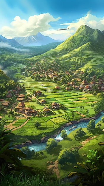 Un dipinto di un villaggio in montagna