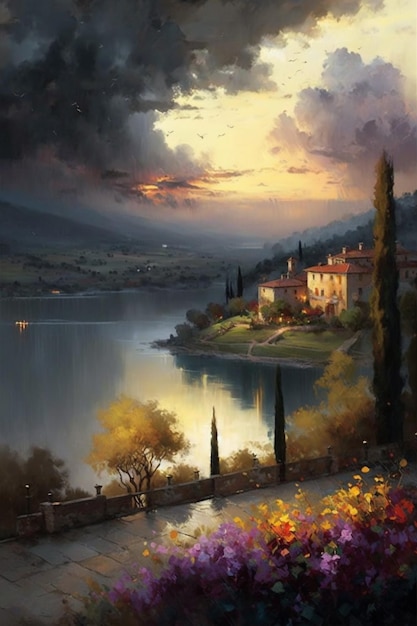 Un dipinto di un villaggio in riva al lago