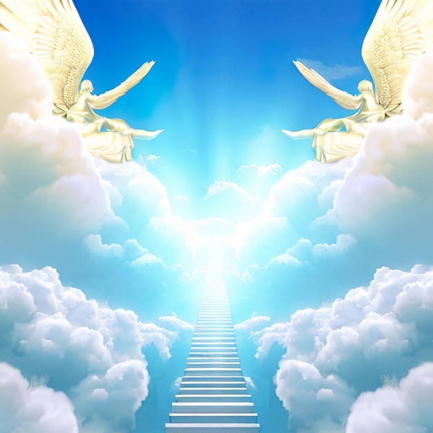 Un dipinto di un volo di angeli sopra le nuvole