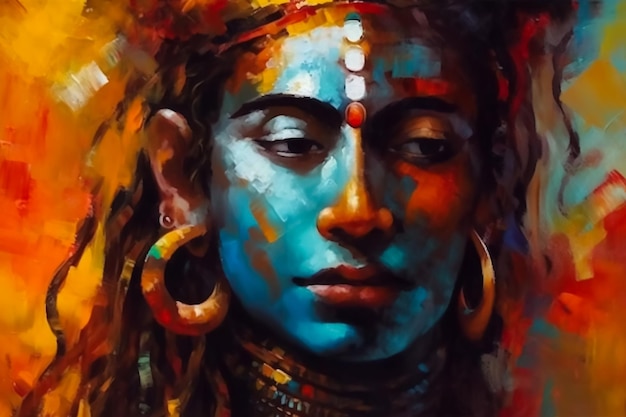 Un dipinto di un volto con una faccia blu e occhi d'oro