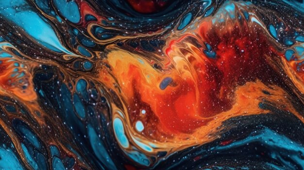 Un dipinto di un vortice rosso e blu con uno sfondo nero.