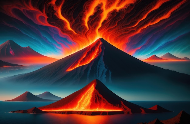 Un dipinto di un vulcano con sopra la parola vulcano
