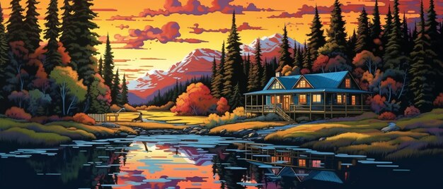 un dipinto di una baita nel bosco con un lago e montagne sullo sfondo generativ ai