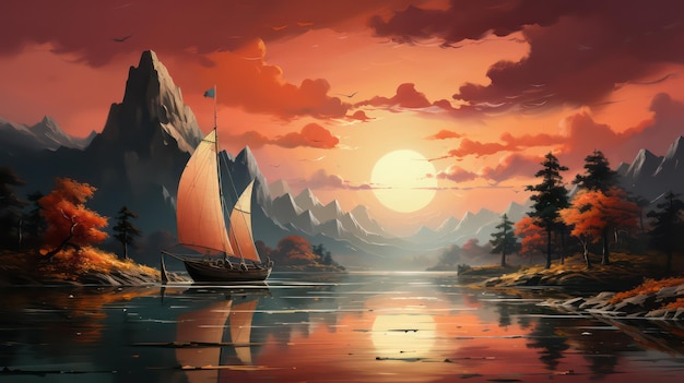 Un dipinto di una barca a vela al tramonto.
