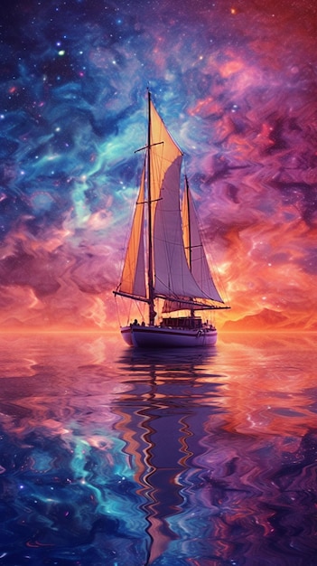 Un dipinto di una barca a vela con il sole che splende attraverso le nuvole.