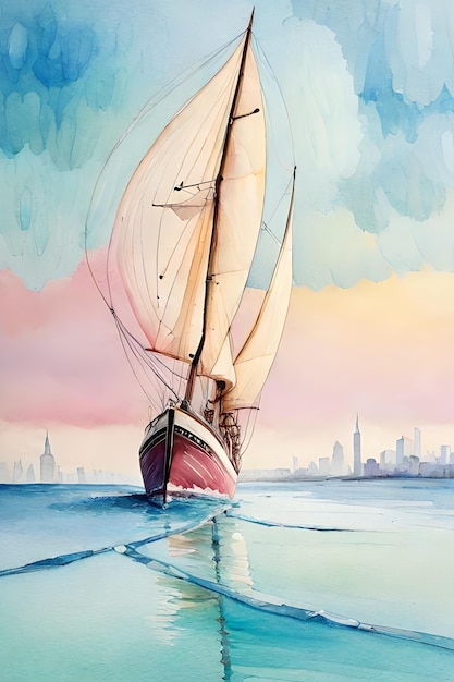 Un dipinto di una barca a vela con una città sullo sfondo