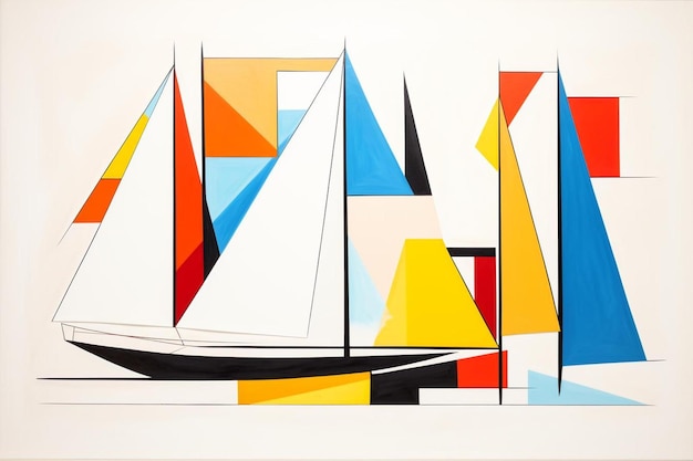 un dipinto di una barca a vela con uno sfondo colorato.