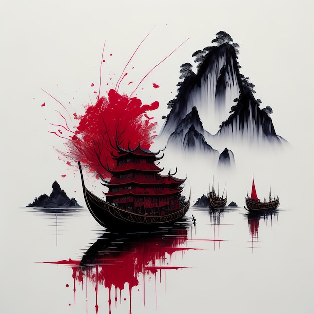Un dipinto di una barca con sopra una nave rossa