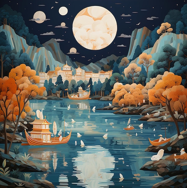 un dipinto di una barca e un lago con la luna piena sullo sfondo.