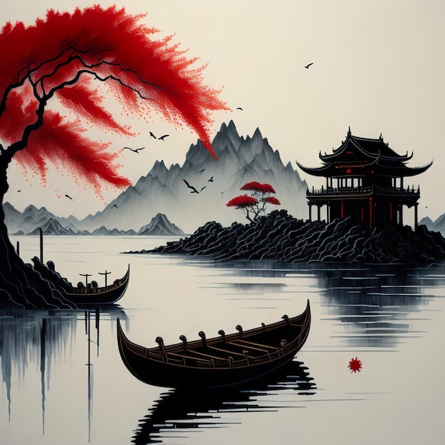 Un dipinto di una barca su un lago con le montagne sullo sfondo.