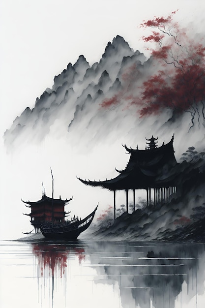 Un dipinto di una barca su un lago con un albero rosso sullo sfondo.