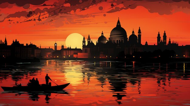 Un dipinto di una barca sul fiume con una città sullo sfondo ai