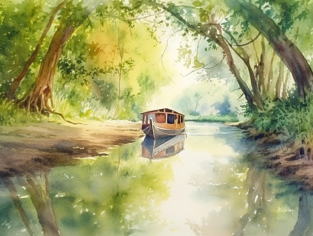 Un dipinto di una barca sulla riva del fiume