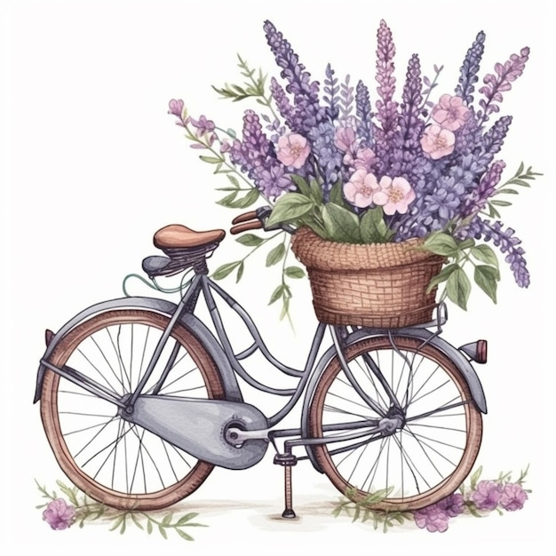 Un dipinto di una bicicletta con un cesto di fiori sul dorso generativo ai