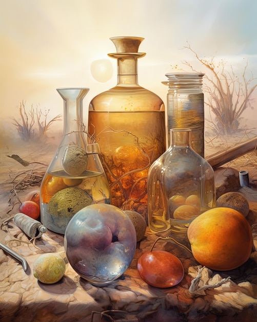 Un dipinto di una bottiglia di olio, una bottiglia di succo d'arancia, una bottiglia di succo d'arancia e una bottiglia di vetro di succo d'arancia.