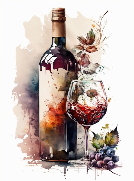 Un dipinto di una bottiglia di vino e un bicchiere di vino