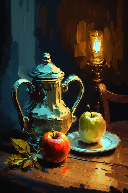 Un dipinto di una brocca e una ciotola di mele.