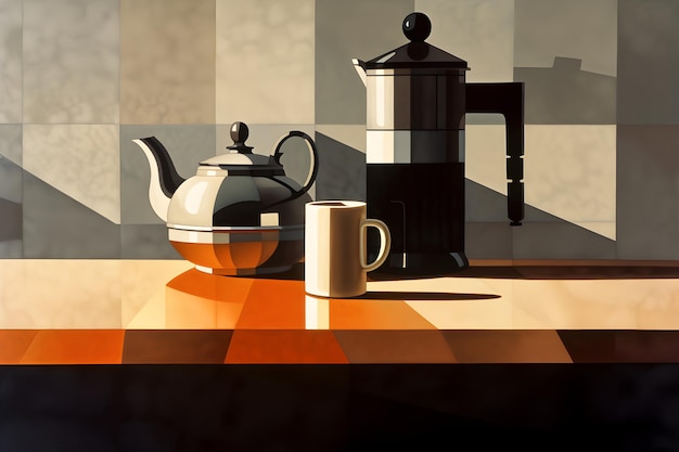 Un dipinto di una caffettiera con una tazza di caffè