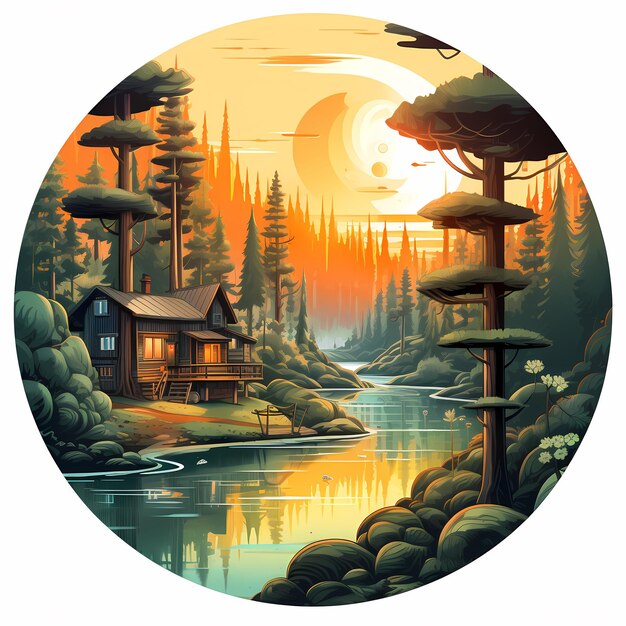 Un dipinto di una capanna con un lago e alberi sullo sfondo.