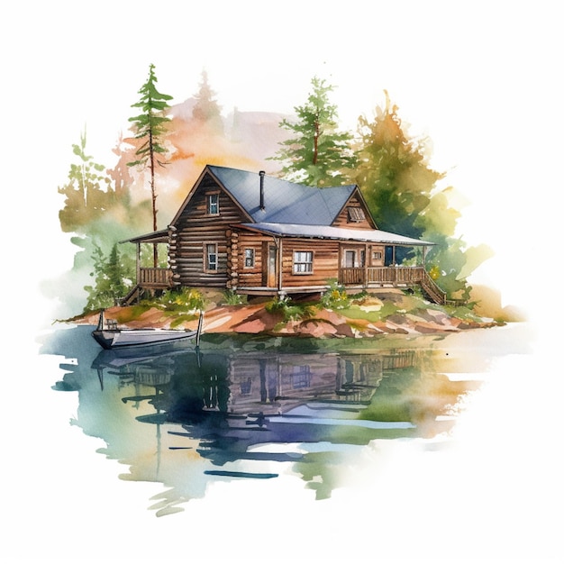 Un dipinto di una capanna di tronchi su un lago con alberi sullo sfondo.