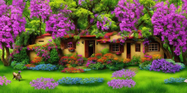 Un dipinto di una casa con fiori viola in primo piano.