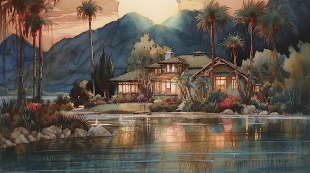 Un dipinto di una casa con le montagne sullo sfondo