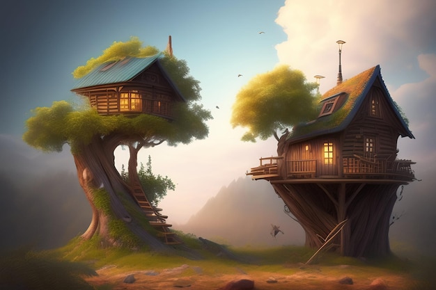 Un dipinto di una casa con sopra un albero