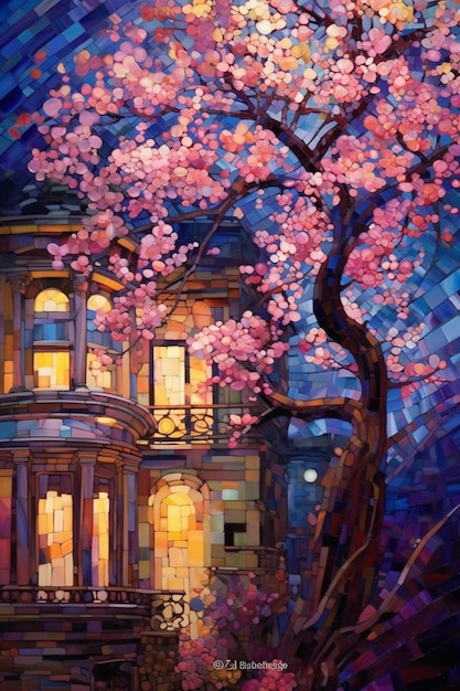 Un dipinto di una casa con un albero davanti