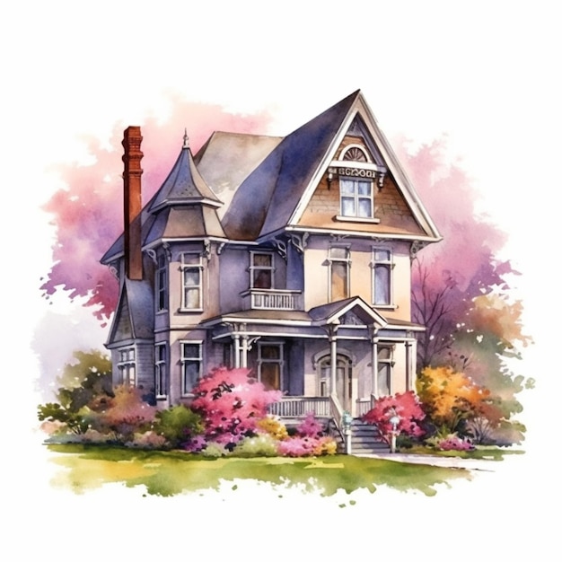 un dipinto di una casa con un camino e un portico generativo ai