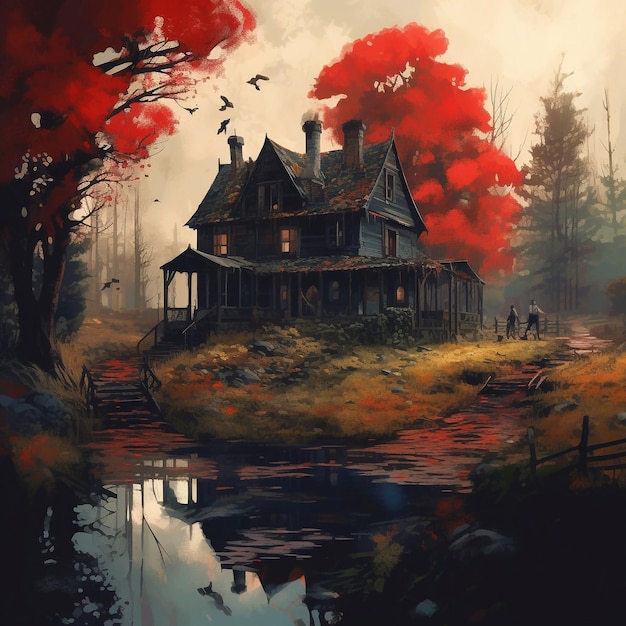 Un dipinto di una casa con un lago sullo sfondo
