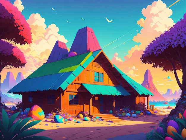 Un dipinto di una casa con un tetto blu e una montagna sullo sfondo.