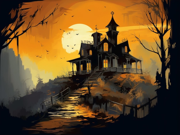 Un dipinto di una casa con un tramonto sullo sfondo
