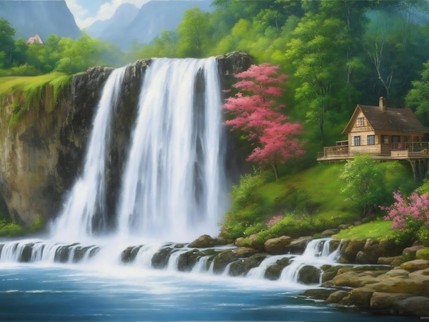 Un dipinto di una casa con una cascata sullo sfondo ai generato