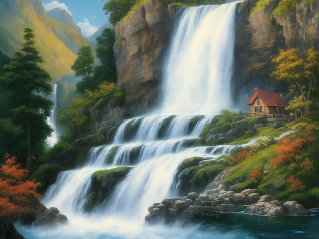 Un dipinto di una casa con una cascata sullo sfondo ai generato