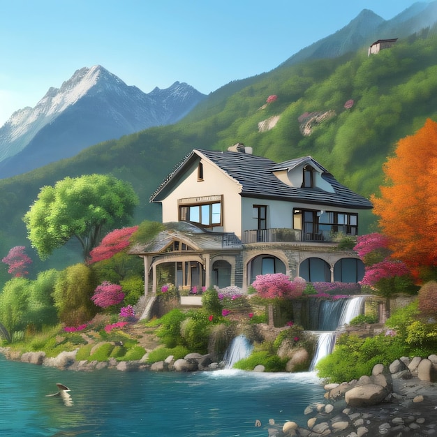 Un dipinto di una casa con una cascata sullo sfondo
