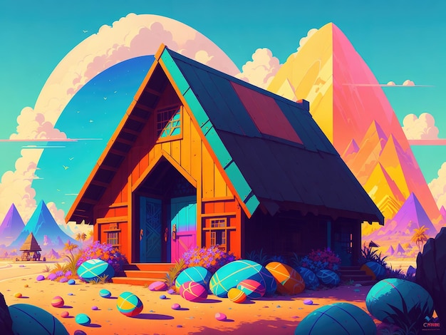 Un dipinto di una casa con una montagna sullo sfondo.