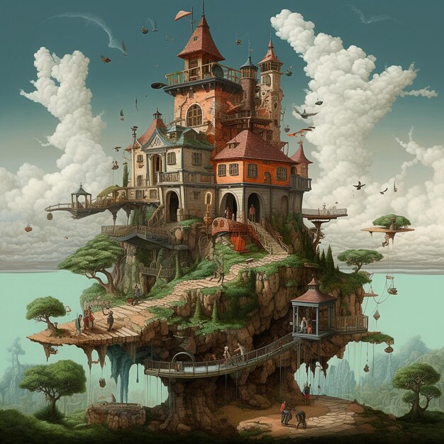 Un dipinto di una casa con una torre e un albero su di essa
