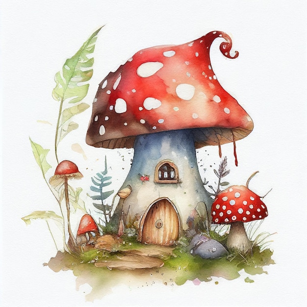 Un dipinto di una casa dei funghi con un fungo in cima.