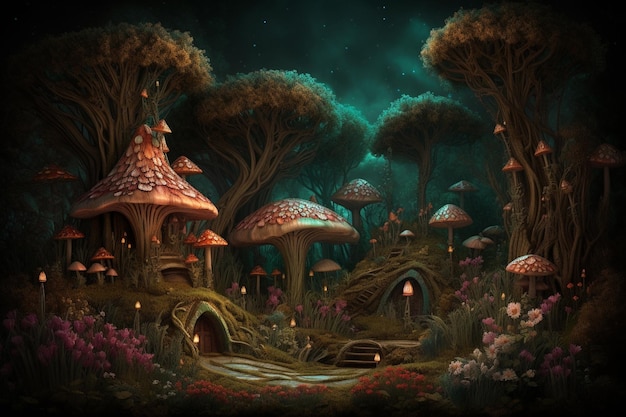 Un dipinto di una casa di funghi in una foresta.