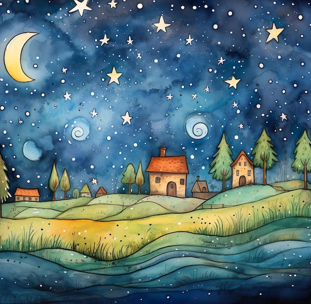 Un dipinto di una casa e la luna di notte
