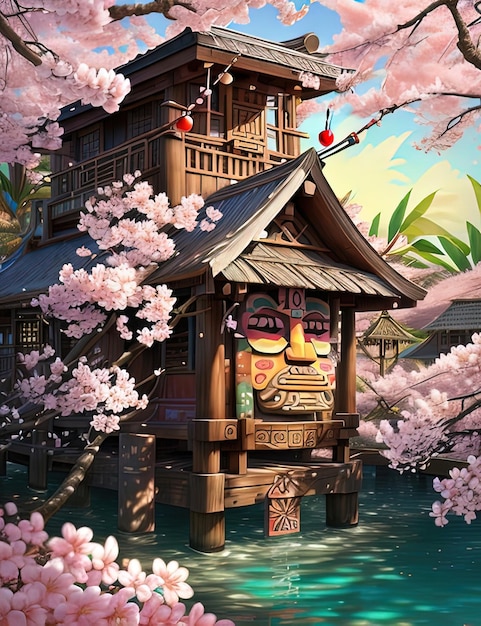 un dipinto di una casa giapponese in acqua